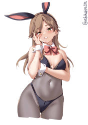 Rule 34 | 1girl, animal ears, arashio (kancolle), bare shoulders, blush, breasts, brown hair, cleavage, covered navel, detached collar, ebifurya, fake animal ears, highres, kantai collection, leotard, long hair, looking at viewer, medium breasts, pantyhose, parted lips, playboy bunny, rabbit ears, simple background, smile, solo, twitter username, white background, yellow eyes
