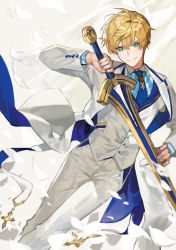 Rule 34 | 1boy, absurdres, arthur pendragon (fate), blonde hair, blue necktie, chyoel, closed mouth, excalibur (fate/stay night), fate/grand order, fate (series), green eyes, head tilt, highres, holding, holding sword, holding weapon, jacket, looking at viewer, male focus, necktie, open clothes, open jacket, pants, smile, solo, standing, sword, vest, weapon, white jacket, white pants, white vest