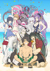 Rule 34 | 4boys, 5girls, ahoge, armlet, bare shoulders, beach, belt, bikini, black hair, black male swimwear, black one-piece swimsuit, black swim trunks, blonde hair, blue eyes, blue hair, blue sailor collar, blue skirt, blue sky, blush, blush stickers, braid, breasts, brown hair, buttons, choker, cleavage, closed eyes, collarbone, collared shirt, colored skin, confetti, detached sleeves, double-breasted, double bun, earrings, fate/grand order, fate (series), fishnet thighhighs, fishnets, food print, frilled bikini, frills, fujimaru ritsuka (male), fujimaru ritsuka (male) (brilliant summer), gareth (fate), gareth (swimsuit saber) (fate), gareth (swimsuit saber) (second ascension) (fate), green male swimwear, green shorts, green swim trunks, grey skin, grin, hair between eyes, hair bun, hair flaps, hair ornament, hair scrunchie, hat, highleg, highleg swimsuit, highres, hoop earrings, horns, ibuki douji (fate), ibuki douji (swimsuit berserker) (fate), ibuki douji (swimsuit berserker) (second ascension) (fate), innertube, jewelry, kneehighs, lady avalon (fate), lady avalon (second ascension) (fate), large breasts, long hair, looking at viewer, low twin braids, male swimwear, medium breasts, medium hair, merlin (fate/prototype), miniskirt, multicolored hair, multiple boys, multiple girls, navel, necktie, one-piece swimsuit, one eye closed, oni, oni horns, open mouth, pink bikini, pink hair, pink skirt, pleated skirt, pointy ears, pom pom (cheerleading), purple eyes, purple hair, red eyes, sailor collar, sailor hat, scrunchie, shirt, shore, short hair, short sleeves, shorts, side ponytail, sidelocks, skirt, sky, smile, socks, squatting, star (symbol), star hair ornament, strawberry print, streaked hair, swim ring, swim trunks, swimsuit, tail, thighhighs, tied shirt, twin braids, utsumi erice, utsumi erice (swimsuit avenger), utsumi erice (swimsuit avenger) (second ascension), very long hair, wada arco, white bikini, white hair, white headwear, white male swimwear, white one-piece swimsuit, white shirt, white swim trunks, wu zetian (fate), wu zetian (swimsuit caster) (fate), wu zetian (swimsuit caster) (first ascension) (fate)