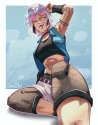 Rule 34 | 1girl, arm up, artist name, belt, black choker, black shirt, blue sky, blue tongue, blue vest, body markings, border, character request, choker, cloud, cloudy sky, colored tongue, crop top, day, earrings, eyewear on head, feet out of frame, foreshortening, glowing, glowing eyes, highres, jewelry, knees, midriff, mismatched earrings, original, pants, pink-tinted eyewear, sarulart, shirt, short hair, short shorts, shorts, sky, solo, stud earrings, sunglasses, tan, teasing, tinted eyewear, toned, tongue, tongue out, vest, white border, white hair, white pants, yellow eyes