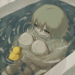 Rule 34 | 1boy, avogado6, barefoot, bathtub, blue eyes, commentary request, completely nude, crying, crying with eyes open, grey hair, hugging own legs, male focus, nude, original, partially submerged, rubber duck, solo, tears, water