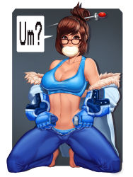 Rule 34 | 1girl, absurdres, baozi, belt, breasts, brown hair, cleavage, daft v lim, dressing, eating, food, food in mouth, fur trim, glasses, hair bun, hair ornament, hair stick, hairpin, highres, jacket, jacket off shoulders, large breasts, mei (overwatch), navel, off shoulder, open fly, overwatch, overwatch 1, panties, revision, single hair bun, solo, speech bubble, sports bra, stomach, tank top, underwear