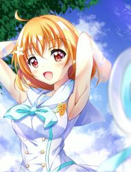 Rule 34 | 1girl, armpits, birthday, blue sky, blush, breasts, cloud, cloudy sky, collarbone, commentary, flower, hair flower, hair ornament, hoijin, looking at viewer, love live!, love live! sunshine!!, medium breasts, orange hair, red eyes, short hair, sidelocks, sky, smile, solo, takami chika, tree, upper body