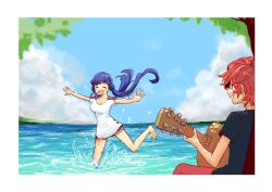 Rule 34 | 2girls, absurdres, black shirt, blue eyes, blue hair, blue sky, breasts, closed eyes, cloud, day, grin, guitar, highres, holding, holding guitar, holding instrument, idolmaster, idolmaster million live!, in water, instrument, julia (idolmaster), kitakami reika, long hair, medium breasts, multiple girls, ocean, open mouth, outdoors, outstretched arms, pants, red hair, red pants, running, shirt, short hair, short sleeves, shorts, sitting, sky, smile, splashing, tree, twintails, wasted161, white shirt
