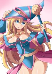 Rule 34 | 1girl, alternate hair length, alternate hairstyle, aqua eyes, bare legs, bare shoulders, blonde hair, blush, breasts, cleavage, curvy, dark magician girl, duel monster, hair between eyes, hat, highres, large breasts, long hair, looking away, lucyfer, magical girl, shiny skin, simple background, skirt, smile, solo, tongue, tongue out, upper body, very long hair, white background, wizard hat, yu-gi-oh!