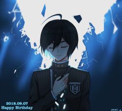 Rule 34 | 1boy, ahoge, bad id, bad twitter id, black hair, breaking, breast pocket, buttons, closed eyes, closed mouth, commentary request, danganronpa (series), danganronpa v3: killing harmony, dated, double-breasted, facing viewer, hair between eyes, hand up, happy birthday, jacket, long sleeves, male focus, meipoi, pocket, saihara shuichi, school uniform, shirt, short hair, signature, solo, striped clothes, striped shirt, upper body