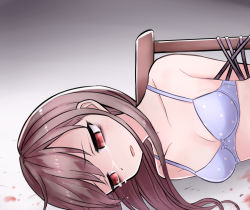 Rule 34 | bound, bound arms, bra, breasts, brown hair, chair, crying, crying with eyes open, empty eyes, highres, long hair, lying, neit ni sei, on side, open mouth, original, red eyes, small breasts, solo, tears, tied up, underwear