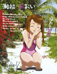 Rule 34 | 1girl, absurdres, barefoot, beach, brown hair, character name, character signature, day, closed eyes, feet, flower, highres, hisayuki hirokazu, long hair, my-hime, official art, one-piece swimsuit, open mouth, outdoors, palm tree, photo background, pink one-piece swimsuit, red flower, sand, senou aoi, smile, solo, squatting, swimsuit, toes, translation request, tree