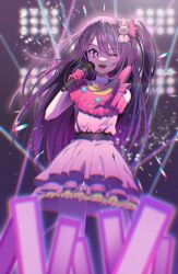Rule 34 | 1girl, absurdres, audience, belt, black belt, commentary, dress, frilled dress, frilled gloves, frills, gloves, glowstick, hair between eyes, heart, highres, holding, holding microphone, hoshino ai (oshi no ko), idol, long hair, microphone, neil (neil nim), one eye closed, one side up, open mouth, oshi no ko, pink dress, pink gloves, pointing, pointing at viewer, purple eyes, purple hair, solo, star-shaped pupils, star (symbol), swept bangs, symbol-shaped pupils, turtleneck, turtleneck dress