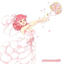 Rule 34 | 1girl, :d, ^ ^, bare arms, bare shoulders, blush, bouquet, bouquet toss, breasts, bridal veil, bride, closed eyes, commentary, dress, drill hair, english commentary, closed eyes, facing away, flower, hair ornament, hairclip, happy, heart, heart hair ornament, katawa shoujo, large breasts, long dress, long hair, mikado shiina, open mouth, outstretched arms, patreon username, petals, quad drills, rtil, simple background, smile, solo, strapless, strapless dress, veil, wedding dress, white background, white dress