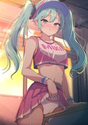 Rule 34 | :o, absurdres, aqua eyes, aqua hair, blush, cheerleader, clothes lift, commentary request, commission, crop top, crotch rub, darumoon, desk, female masturbation, hatsune miku, highres, indoors, lifted by self, long hair, masturbation, midriff, orange sky, panties, parted lips, pink shirt, pink skirt, pixiv commission, project diva (series), school desk, shirt, skirt, skirt lift, sky, sleeveless, sleeveless shirt, table humping, twintails, two-tone shirt, underwear, visor cap, vocaloid, white panties, white shirt