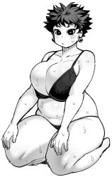 Rule 34 | 1girl, belly, bikini, breasts, cleavage, earrings, elf-san wa yaserarenai., highres, huge breasts, jewelry, looking at viewer, midriff, monochrome, plump, satero (elf-san wa yaserarenai.), short hair, simple background, skindentation, solo, sweat, swimsuit, synecdoche, thick thighs, thighs, white background