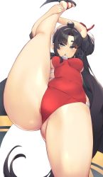 Rule 34 | 1girl, black hair, blue eyes, blush, breasts, fate/grand order, fate (series), highres, kneepits, leg lift, leg up, long hair, looking at viewer, medium breasts, one-piece swimsuit, parted bangs, pinta (ayashii bochi), red one-piece swimsuit, sandals, side ponytail, split, standing, standing on one leg, standing split, swimsuit, thighs, ushiwakamaru (fate), ushiwakamaru (fate/grand order), ushiwakamaru (swimsuit assassin) (fate), ushiwakamaru (swimsuit assassin) (third ascension) (fate)