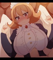 Rule 34 | 1boy, 1girl, angry, animated, animated gif, blonde hair, blush, breasts, brooch, censored, clenched hands, clothed female nude male, handsfree paizuri, hetero, huge breasts, ishuzoku reviewers, jewelry, looking at viewer, lying, maid, maid headdress, meidri, nude, on back, on floor, orange hair, paizuri, paizuri under clothes, penis, pov, short hair, straddling, straddling paizuri, w arms, wings, yuzutei