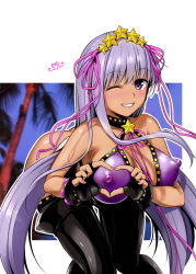 Rule 34 | 1girl, bare shoulders, bb (fate), bb (fate) (all), bb (swimsuit mooncancer) (fate), bb (swimsuit mooncancer) (second ascension) (fate), bikini, blush, breasts, cleavage, collarbone, covered erect nipples, fate/grand order, fate (series), hair ribbon, haruhisky, heart, heart hands, highres, large breasts, leaning forward, lips, long hair, looking at viewer, nail polish, one eye closed, purple eyes, purple hair, ribbon, see-through, shiny skin, smile, solo, star (symbol), swimsuit, thighhighs, very long hair
