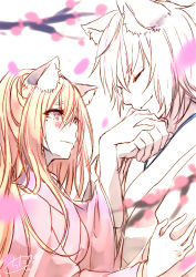Rule 34 | 1boy, 1girl, animal ear fluff, animal ears, bad id, bad pixiv id, blonde hair, blurry, blurry foreground, blush, branch, chita (ketchup), closed mouth, commentary request, depth of field, closed eyes, fox ears, highres, holding hands, japanese clothes, kimono, long hair, original, parted lips, petals, pink eyes, pink kimono, profile, short sleeves, signature, upper body, white background, white kimono, wide sleeves