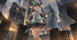 Rule 34 | 1girl, absurdres, amplifier, bad id, bad pixiv id, between breasts, black skirt, blue hair, blue necktie, blush, breasts, city, closed eyes, commentary, detached sleeves, electric guitar, evening, gibson flying v, guitar, hair between eyes, hatsune miku, highres, holding, holding instrument, instrument, lens flare, long hair, maya g, medium breasts, microphone, microphone stand, music, necktie, open mouth, outdoors, playing instrument, pleated skirt, rain, shirt, sidelocks, skirt, smile, solo, standing, twintails, very long hair, vocaloid, wet, wet clothes, wet shirt