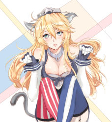 Rule 34 | 10s, 1girl, ahoge, animal ears, asymmetrical legwear, bare shoulders, blonde hair, blue eyes, blush, breasts, cat ears, cat tail, cleavage, elbow gloves, eyebrows, front-tie top, garter straps, gloves, hair between eyes, headgear, highres, iowa (kancolle), kantai collection, kemonomimi mode, lapis (13567118), large breasts, lips, long hair, mismatched legwear, parted lips, paw pose, solo, star-shaped pupils, star (symbol), striped clothes, striped thighhighs, symbol-shaped pupils, tail, thighhighs, vertical-striped clothes, vertical-striped thighhighs, wrist cuffs