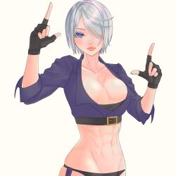 Rule 34 | 1girl, abs, angel (kof), backless pants, blue eyes, bra, breasts, chaps, city of sodom, cleavage, crop top, cropped jacket, fingerless gloves, gloves, hair over one eye, horns pose, index fingers raised, jacket, large breasts, leather, leather jacket, looking at viewer, midriff, muscular, muscular female, navel, panties, pants, short hair, solo, strapless, strapless bra, the king of fighters, the king of fighters xiv, toned, underwear, white hair