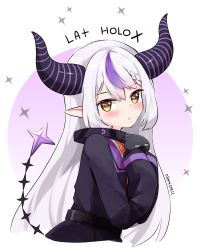 Rule 34 | 1girl, absurdres, blush, braid, crow (la+ darknesss), hair between eyes, highres, hololive, holox, horns, la+ darknesss, la+ darknesss (1st costume), long hair, looking at viewer, multicolored hair, namiorii, pointy ears, purple hair, silver hair, solo, streaked hair, striped horns, virtual youtuber, yellow eyes