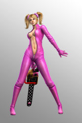 Rule 34 | 1girl, 3d, alternate costume, blonde hair, bodysuit, boots, breasts, center opening, chainsaw, cheerleader, cleavage, full-length zipper, grasshopper manufacture, juliet starling, latex, lollipop chainsaw, long hair, navel, no bra, official art, open clothes, scrunchie, skin tight, solo, standing, twintails, unzipped, zipper