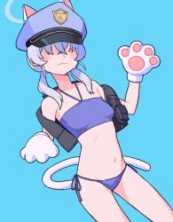 Rule 34 | 1girl, 28 (282teeth), absurdres, animal ears, animal hands, bikini, black vest, blue archive, blue background, blue bikini, blue hair, breasts, cat ears, cat paws, cat tail, collarbone, facing viewer, gloves, groin, hair over eyes, hat, highres, navel, paw gloves, peaked cap, side-tie bikini bottom, simple background, small breasts, solo, stomach, string bikini, swimsuit, tail, twintails, valkyrie police academy student (blue archive), vest