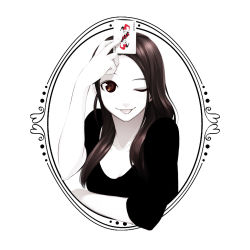 Rule 34 | 1girl, ;p, arm rest, black hair, black shirt, brown eyes, brown hair, card, colored skin, framed, hand on own head, hand up, highres, holding, holding card, joker (playing card), long hair, looking at viewer, monochrome, one eye closed, original, playing card, poaro, round image, shirt, simple background, smile, solo, spot color, tongue, tongue out, upper body, white background, white skin, wink