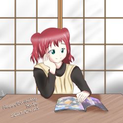 Rule 34 | 1girl, aqua eyes, artist name, artist request, black shirt, blush, book, breasts, elbow on table, female focus, green eyes, hair between eyes, hand on own face, highres, indoors, kurosawa ruby, long sleeves, looking at viewer, love live!, love live! sunshine!!, parted lips, red hair, shirt, short hair, small breasts, smile, solo, table, upper body