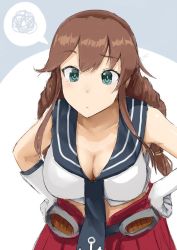 Rule 34 | 10s, 1girl, anchor symbol, bare shoulders, blue eyes, blue necktie, braid, breasts, brown hair, cleavage, closed mouth, collarbone, ebizome, elbow gloves, gloves, hands on own hips, kantai collection, large breasts, leaning forward, looking at viewer, necktie, noshiro (kancolle), official style, pleated skirt, raised eyebrow, red skirt, sailor collar, skirt, solo, spoken squiggle, squiggle, twin braids, upper body, white gloves