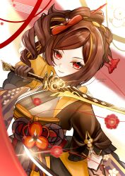 Rule 34 | 1girl, absurdres, black gloves, bow, brown hair, brown sleeves, chiori (genshin impact), closed mouth, floral background, floral print, flower, genshin impact, gloves, gnsn tukituki, hair flower, hair ornament, highres, holding, holding sword, holding weapon, japanese clothes, kimono, light smile, looking at viewer, medium hair, obi, orange kimono, orange sleeves, red eyes, red flower, sash, single drill, solo, sword, upper body, weapon, white background, wide sleeves