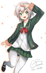 Rule 34 | 10s, 1girl, 2017, bad id, bad pixiv id, blonde hair, bow, bowtie, fur trim, green eyes, green jacket, green skirt, hibi (hibi orange), highres, jacket, kantai collection, long sleeves, looking at viewer, open mouth, pantyhose, pleated skirt, red bow, red bowtie, salute, shimushu (kancolle), short hair, signature, simple background, skirt, smile, solo, white background, white pantyhose
