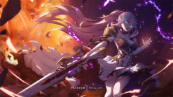 Rule 34 | 1girl, armor, blue eyes, braid, breasts, cleavage, detached sleeves, dress, floating hair, french braid, gun, high ponytail, holding, holding gun, holding weapon, large breasts, long hair, long sleeves, mitsu (mitsu art), open mouth, panties, pantyhose, pink hair, rifle, shionne (tales), shoulder armor, sleeveless, sleeveless dress, solo, tales of (series), tales of arise, thigh gap, thighhighs, underwear, very long hair, waist cape, weapon, white dress, white hair, white panties, white sleeves, white thighhighs