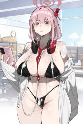 Rule 34 | 1girl, absurdres, bikini, black bikini, blue archive, blush, breasts, cellphone, cowboy shot, eimi (blue archive), groin, halo, highres, holding, holding phone, huge breasts, korean commentary, long hair, long sleeves, looking at viewer, mimyo, navel, open mouth, phone, pink hair, pink halo, purple eyes, shirt, smartphone, solo, sweat, swimsuit, textless version, thigh gap, white shirt, zipper, zipper bikini