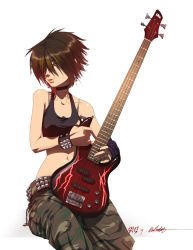 Rule 34 | bass guitar, belt, bracelet, brown hair, camouflage, dated, guitar, hair over one eye, half-closed eyes, instrument, jewelry, midriff, short hair, simple background, sitting, solo, spiked hair, tank top, white background, yellow eyes