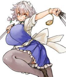 Rule 34 | 1girl, alternate eye color, apron, between fingers, black footwear, black thighhighs, blue dress, blush, bow, braid, breasts, dress, eyes visible through hair, fighting stance, frilled dress, frills, grey eyes, hair bow, holding, holding knife, izayoi sakuya, knife, knives between fingers, large breasts, leg up, looking to the side, maid, maid apron, maid headdress, outline, pocket watch, puffy short sleeves, puffy sleeves, sachito, serious, shiny clothes, shirt, shoes, short dress, short hair, short sleeves, silver hair, simple background, sleeveless, sleeveless dress, solo, thighhighs, thighs, touhou, twin braids, waist apron, watch, white background, white shirt