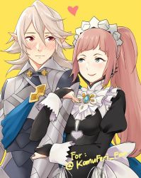 Rule 34 | 1boy, 1girl, apron, armor, black dress, blunt bangs, blush, breasts, bridal gauntlets, closed mouth, collar, commentary, corrin (fire emblem), corrin (male) (fire emblem), dress, english commentary, felicia (fire emblem), fire emblem, fire emblem fates, frilled collar, frills, green eyes, hair between eyes, heart, highres, holding another&#039;s arm, hug, igni tion, juliet sleeves, lips, long hair, long sleeves, looking at another, looking to the side, maid, maid headdress, medium breasts, nintendo, pink hair, pink lips, pointy ears, ponytail, puffy sleeves, red eyes, short hair, sidelocks, silver hair, simple background, smile, upper body, waist apron, white apron, yellow background
