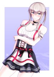 Rule 34 | 1girl, alternate costume, apron, black dress, blonde hair, blouse, border, breasts, commentary request, cowboy shot, cross, dirndl, dress, frilled shirt, frills, german clothes, graf zeppelin (kancolle), grey background, grey eyes, hair between eyes, highres, iron cross, kantai collection, large breasts, misono chiaki, pinafore dress, puffy short sleeves, puffy sleeves, shirt, short sleeves, sidelocks, sleeveless dress, solo, tsurime, twintails, two-tone background, waist apron, white apron, white border