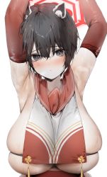 Rule 34 | 1girl, animal ear fluff, animal ears, armpits, arms up, black hair, blue archive, blush, breast curtain, breasts, closed mouth, commentary, elbow gloves, gloves, hair between eyes, halo, highres, huge breasts, looking at viewer, poharo, raised eyebrows, red gloves, red sailor collar, sailor collar, short hair, simple background, skindentation, solo, steaming body, sweat, tsubaki (blue archive), underboob, upper body