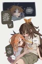 Rule 34 | 2girls, absurdres, alternate costume, arknights, blush, brown hair, brown shorts, cellphone, closed mouth, cum, ejaculation, english text, feather hair, futanari, handjob, highres, holding, holding phone, kafka (arknights), long hair, multiple girls, nail polish, open fly, orange hair, parted bangs, penis, phone, pinecone (arknights), red nails, short sleeves, shorts, sitting, smartphone, speech bubble, togekk0, uncensored, very long hair