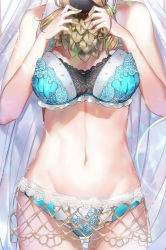 Rule 34 | 1girl, anastasia (fate), aqua bra, aqua panties, bare shoulders, black bra, bra, breasts, doll, emoillu, fate/grand order, fate (series), groin, head out of frame, holding, holding doll, lace, lingerie, long hair, medium breasts, multicolored bra, multicolored clothes, multicolored panties, navel, panties, silver hair, solo, stomach, underwear, underwear only, very long hair, white bra, white panties