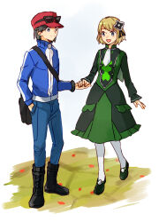 Rule 34 | 1boy, 1girl, ascot, black footwear, black hair, blonde hair, blue jacket, boots, calem (pokemon), creatures (company), dress, eyewear on headwear, full body, game freak, green dress, hand in pocket, highres, hinata (ryohinata), holding hands, jacket, looking at another, mega ring, nintendo, official alternate costume, open mouth, pokemon, pokemon masters ex, pokemon xy, red headwear, serena (pokemon), serena (sygna suit) (pokemon), simple background, smile, sunglasses, white background