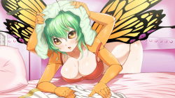 Rule 34 | 1girl, ancient greek clothes, antennae, artist request, bed, breasts, butterfly girl, chiton, cleavage, compound eyes, extra arms, flare (monster musume), game cg, green hair, indoors, insect wings, large breasts, leaning forward, medium hair, monster musume no iru nichijou, monster musume no iru nichijou online, official art, open mouth, orange tank top, pillow, solo, tank top, towel, towel on head, wet, wings, yellow eyes