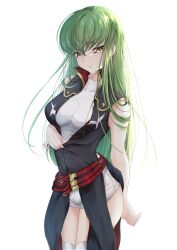Rule 34 | &gt;:), 1girl, absurdres, arm at side, belt, black dress, blush, breasts, budgiepon, c.c., closed mouth, code geass, cowboy shot, crop top, crossed bangs, curvy, dress, eyelashes, green hair, hair between eyes, hair over shoulder, hand up, highres, hip vent, lips, long hair, looking at viewer, medium breasts, red belt, seductive smile, shirt, shorts, simple background, sleeveless, sleeveless dress, smile, solo, standing, straight hair, thigh gap, thighhighs, undressing, v-shaped eyebrows, very long hair, white background, white shirt, white shorts, white thighhighs, yellow eyes