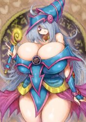 Rule 34 | 1girl, 2b-ge, ahoge, bags under eyes, bare shoulders, blush, breasts, chestnut mouth, cleavage, collar, cosplay, cowboy shot, curvy, dark magician girl, dark magician girl (cosplay), dress, eyelashes, female focus, fingerless gloves, gloves, grey hair, hair over one eye, hat, helmet, highres, holding, holding staff, huge breasts, legs, long hair, looking at viewer, mei (2b-ge), no nose, original, purple eyes, shiny skin, skirt, solo, staff, standing, text background, thick thighs, thighs, wide hips, yu-gi-oh!