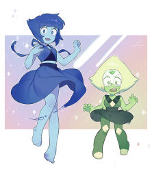 Rule 34 | 2girls, bare legs, barefoot, blue eyes, blue skin, blue skirt, border, colored skin, crop top, forehead jewel, green eyes, green hair, green skin, hatoridayou, highres, lapis lazuli (steven universe), looking at viewer, mixed-language commentary, multiple girls, peridot (steven universe), short hair, skirt, sleeveless, smile, steven universe, wavy mouth, white border