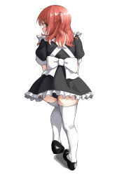 1girl absurdres back_bow black_dress black_footwear black_panties bocchi_the_rock! bow closed_mouth commentary_request dochi_(dosa_dosa_dosa) dress full_body green_eyes highres kita_ikuyo long_hair looking_back maid one_side_up panties puffy_short_sleeves puffy_sleeves red_hair short_sleeves simple_background solo thighhighs underwear white_background white_bow white_thighhighs