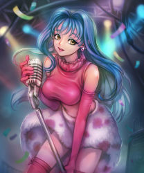 Rule 34 | 1girl, blue hair, breasts, brown eyes, dawkinsia, earrings, elbow gloves, fancy lala, fancy lala (character), gloves, hair intakes, highres, idol, jewelry, long hair, microphone, open mouth, pink thighhighs, shinohara miho, skirt, smile, solo, thighhighs