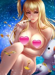 Rule 34 | 1girl, bearwitch, blonde hair, breasts, brown eyes, censored, convenient censoring, fairy tail, female focus, heart, heart censor, key, large breasts, lucy heartfilia, nail polish, censored nipples, nude, plue, solo