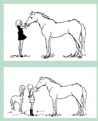 Rule 34 | 2girls, centaur, family, green theme, horse, long hair, monochrome, mother and daughter, multiple girls, original, short hair, sirahase, sketch, tail, taur