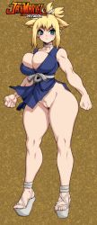 Rule 34 | 1girl, aqua eyes, artist name, bare shoulders, blonde hair, blush, breasts, cleavage, dr. stone, feet, highres, jay-marvel, kohaku (dr. stone), large breasts, no panties, ponytail, pussy, sandals, solo, thick thighs, thighs, uncensored, wide hips